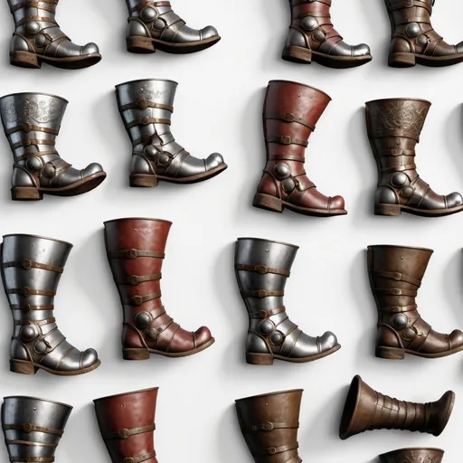 Prompt: lateral aerial view of a collection of pairs of medieval armor boots on a white background,d&d, 3d render,seen from directly above, flat lay, semi-realistic textures

