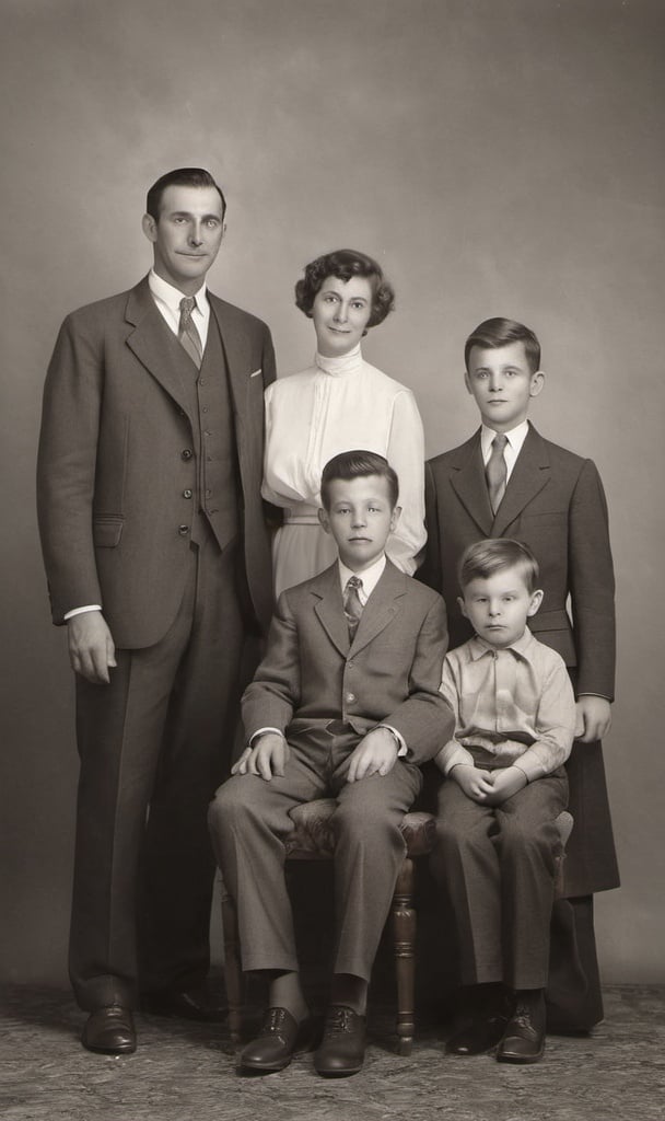 Prompt: Vintage family father mother and two little sons photorealist black and white photography