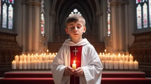 Prompt: Choir boy in beuatiful white robe with red board and sleeves lights candles in front of a large altar in a cathedral with beautiful light and stained glass windows. Photorealistic ultra HD.