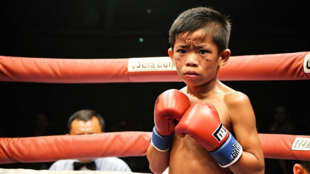 Prompt: 8 year old Thai kick boxer looking very tired sweaty black eye little injured convinced he will win in this final round