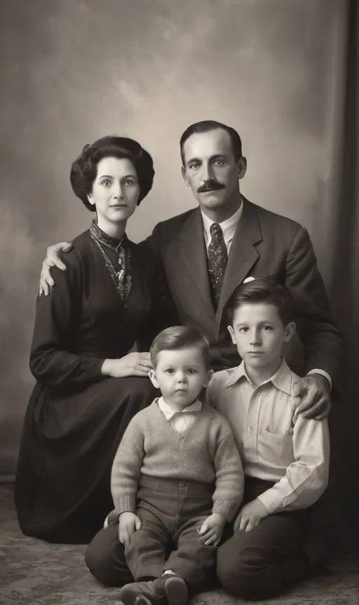 Prompt: Vintage family father mother and two little sons photorealist black and white photography