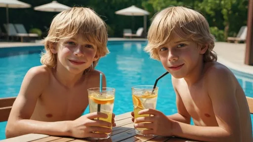 Prompt: Two young boys with long blond hair having a drink at a table, full body, realistic lighting, ultra-detailed, 8k ultra HD, sunny, vibrant colors, poolside, realistic water reflections, bright and clear, leisurely atmosphere, summer vibes, detailed facial expressions