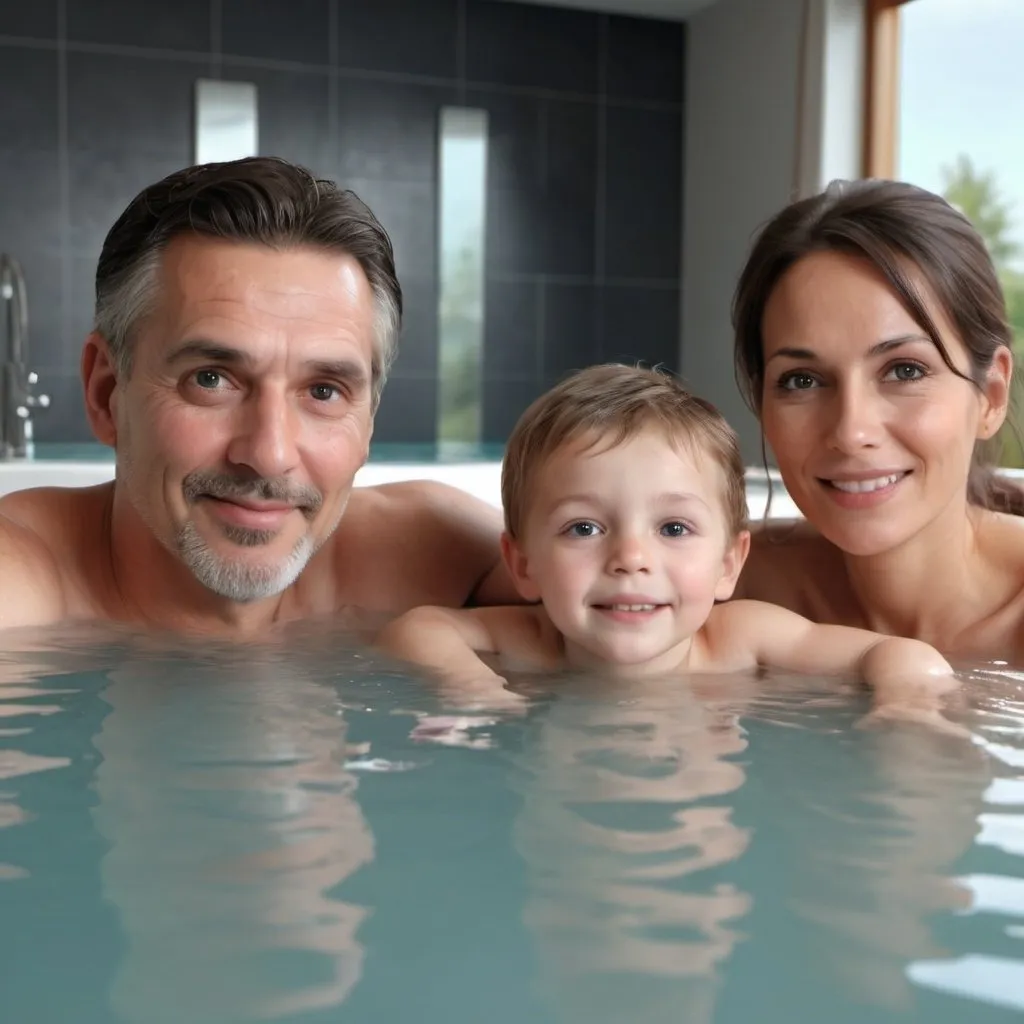 Prompt: Father, mother and son in a jacuzzi. Photo-realistic, water reflections, ultra HD.