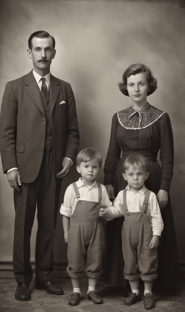 Prompt: Vintage family father mother and two little sons photorealist black and white photography