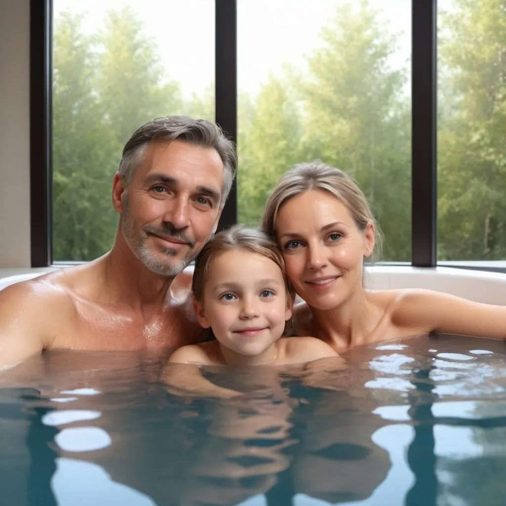 Prompt: Father, mother and son in a jacuzzi. Photo-realistic, water reflections, ultra HD.