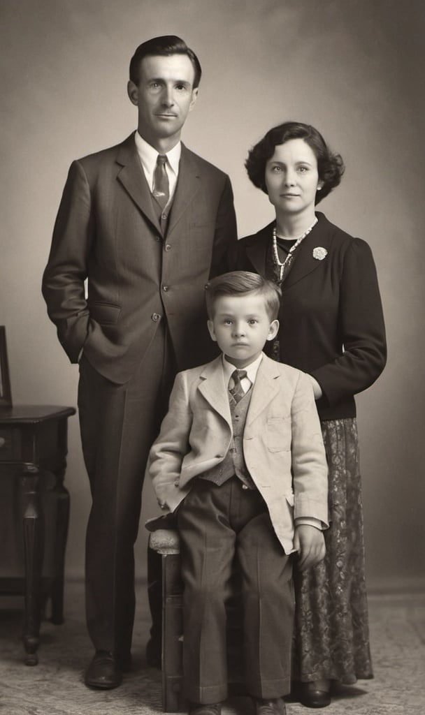 Prompt: Vintage family father mother and two little sons photorealist black and white photography