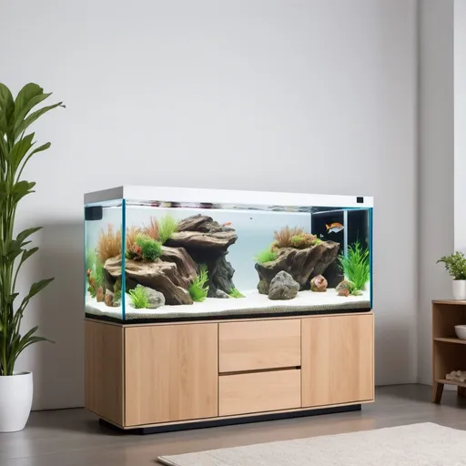 Prompt: A high resolution product image of an AI Fish tank, similar to OASE highline Aquarium, interior background white mixed with wood modern style  