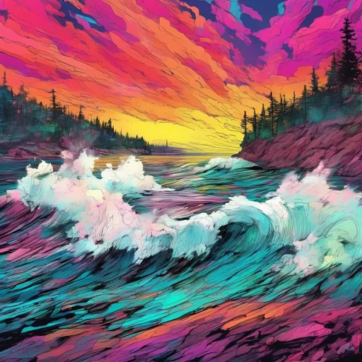 Prompt: Vibrant inkpunk representation of Lake Superior, Minnesota, vibrant inkpunk, detailed waves, dynamic lighting, high quality, intense colors, inkpunk style, vibrant tones, atmospheric lighting