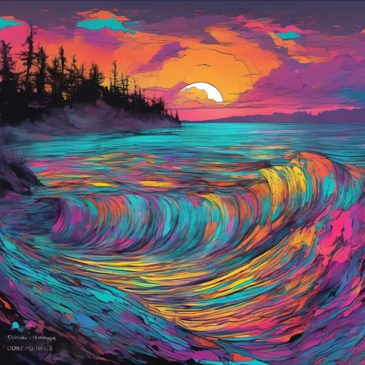 Prompt: Vibrant inkpunk representation of Lake Superior, Minnesota, silhouette of 'Silvestrini', vibrant inkpunk, detailed waves, dynamic lighting, high quality, intense colors, inkpunk style, vibrant tones, atmospheric lighting