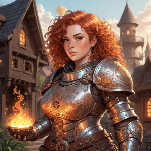 Prompt: illustration of a thicc female Forge cleric with auburn curly hair, practical metallic armor engraved with cogs and gears, cupping fiery magical glow, fantasy island village in the background, detailed hair with fiery highlights, intricate armor design, magical atmosphere, professional, highres, anime, fantasy, detailed features, mystical lighting, thin line art, flat color illustration, high quality