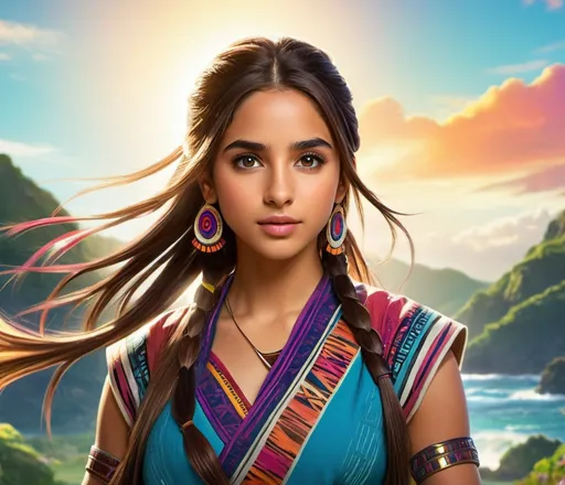 Prompt: Romance movie poster, Naomi Scott in tribal cueitl, anime, highres, detailed, vibrant colors, dynamic pose, , flowing long brown hair, determined expression, strong yet feminine, energetic, vibrant lighting, colorful anime style, intense eyes, anime, vibrant, dynamic, determined, strong, colorful, detailed hair, highres