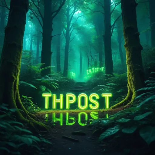 Prompt: A text saying THISPOST inside a beautiful forest with army green and neon signs