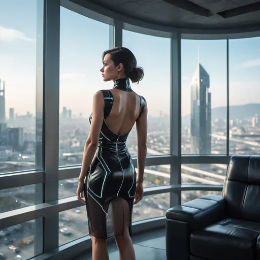 Prompt: A fit woman standing in front of a large window in a futuristic apartment overlooking a city. outside of the window there are multiple flying futuristic cars moving in the background as if a busy freeway is just beyond the glass of the window. The woman is looking at her right arm, the arm is cybernetic and reflects the light of the room as well as the neon from the buildings behind her. She is wearing a near sheer business dress with black high heels.
