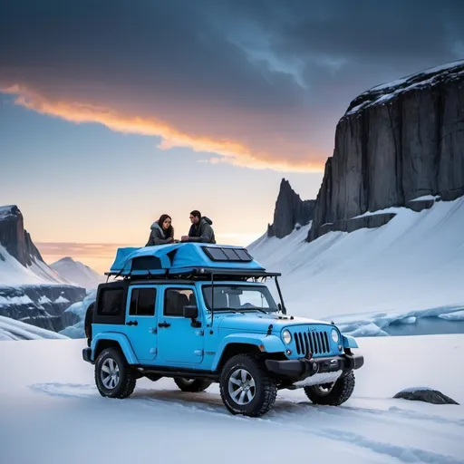 Prompt: a jeep arctic edition with a men and a girl sitted on the roof tent
