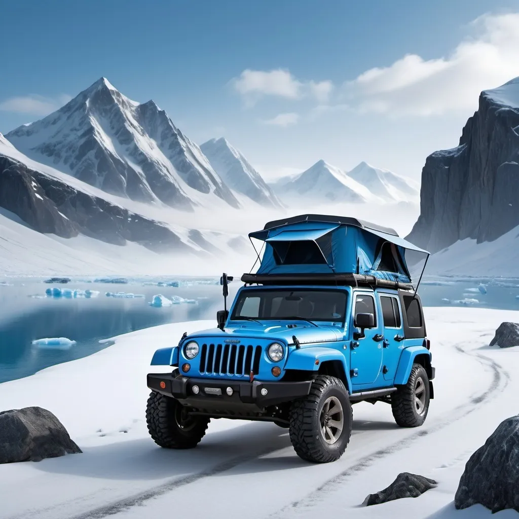 Prompt: a men and a girl driving a jeep 2012 arctic blue edition equiped with a roof tent. a Bigfoot running on the snow
 behind the jeep

