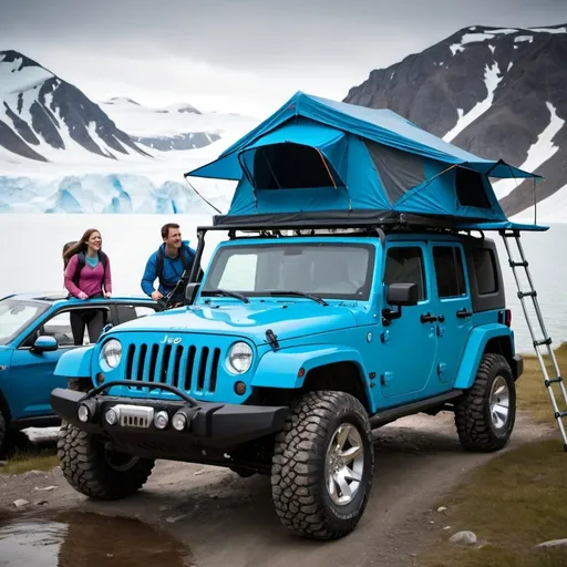 Prompt: a men and a girl driving a jeep 2012 arctic blue edition equiped with a roof tent. a yeti running behind the jeep

