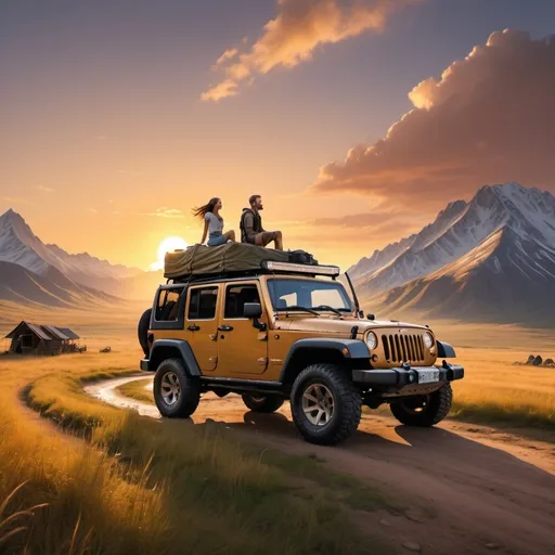 Prompt: a jeep with a men and a girl sitted on the roof tent
