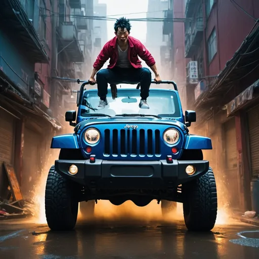 Prompt: tetsuo shima lifting a jeep wrangler with his powers