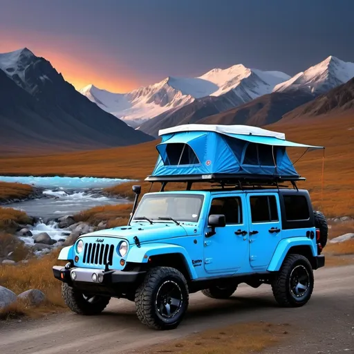 Prompt: a men and a girl driving a jeep 2012 arctic blue edition equiped with a roof tent. a yeti running behind the jeep

