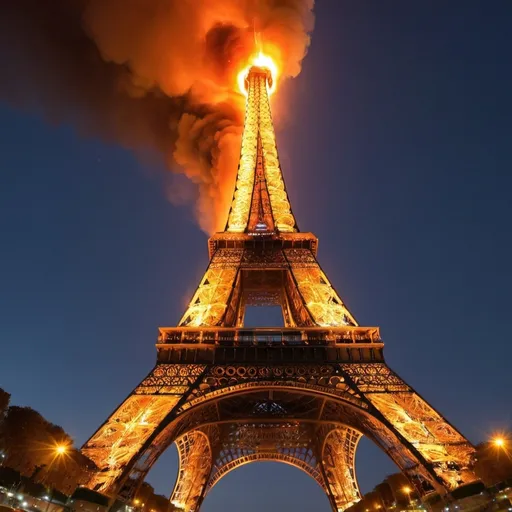 Prompt: la tour eiffel en feu qui courbe à cause de la fusion du métal