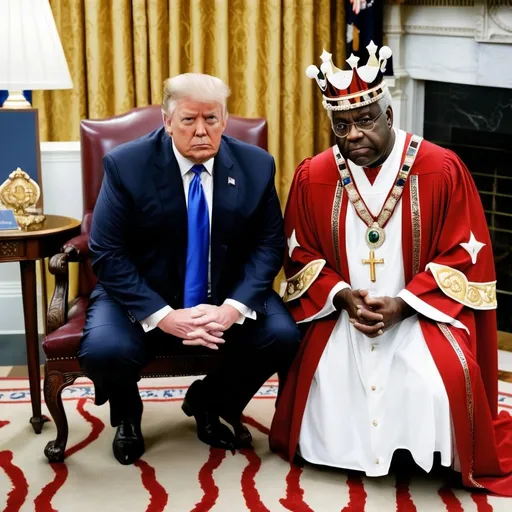 Prompt: Have Clarence Thomas next to trump on his knees praying to trump like god. 
 Donald trump dressed as a king with a jeweled crown that says KING. 