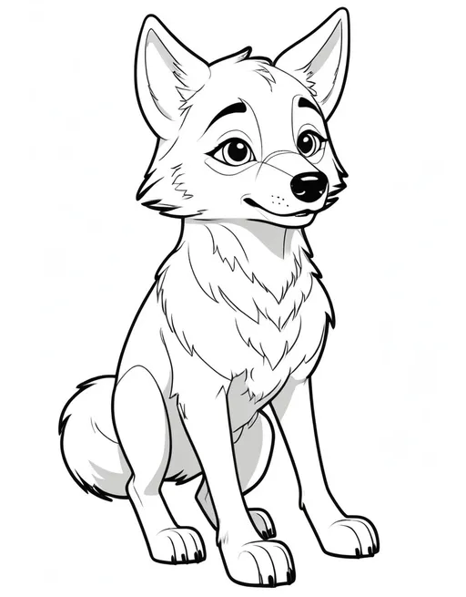 Prompt: B&W coloring Book page for kid, cute wolf, line art, no shadows, full body, solid white background