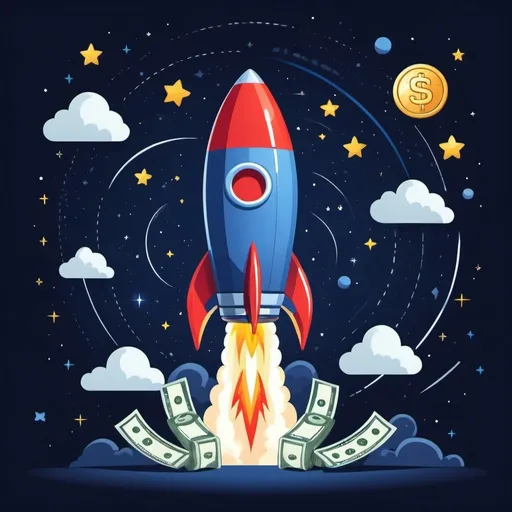 Prompt: Make a cartoon style rocket that says ARC. It is flying up in dark blue colour 
stary night sky. It flys up into a load of money. 