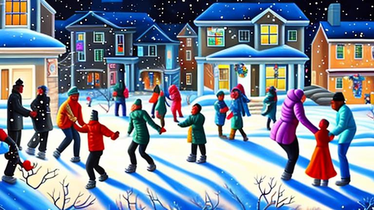 Prompt: Magic realism painting of a mixed race community of all ages and abilities enjoying a wintery, snowy New Years Eve Party in Halifax, Nova Scotia