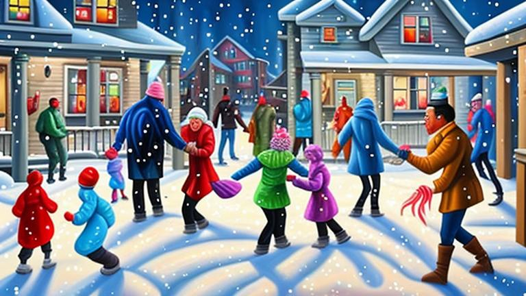 Prompt: Magic realism painting of a mixed race community of all ages and abilities enjoying a wintery, snowy New Years Eve Party in Halifax, Nova Scotia