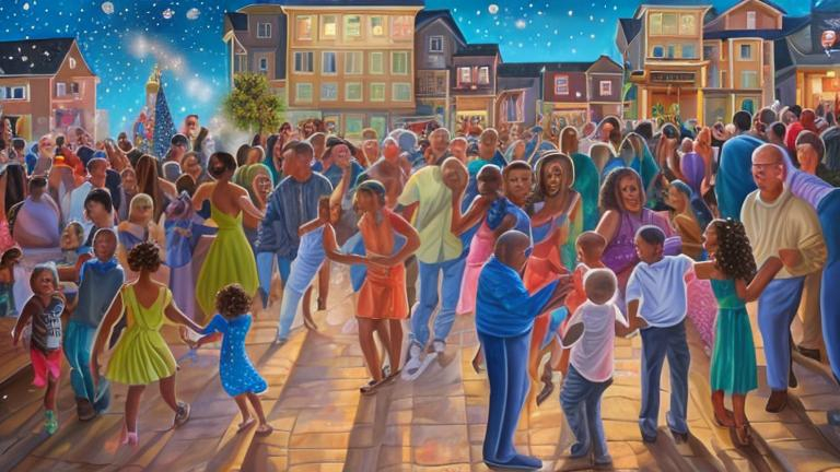 Prompt: Magic realism painting of a mixed race community of all ages and abilities enjoying a New Years Eve Party in Halifax, Nova Scotia