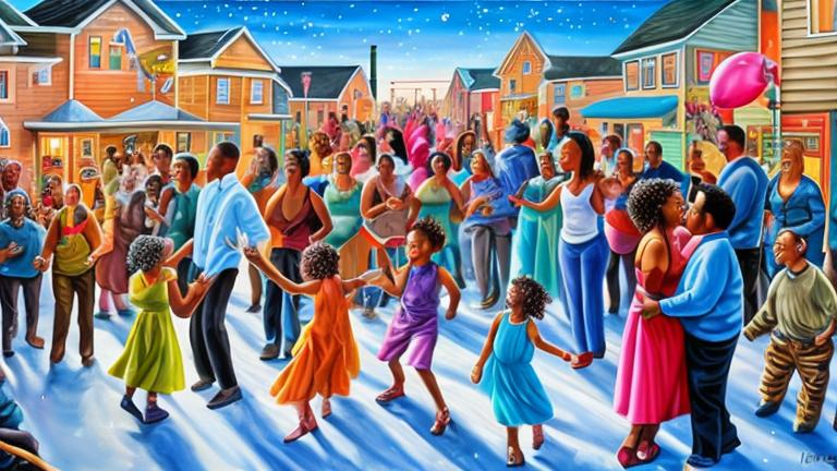 Prompt: Magic realism painting of a mixed race community of all ages and abilities enjoying a New Years Eve Party in Halifax, Nova Scotia