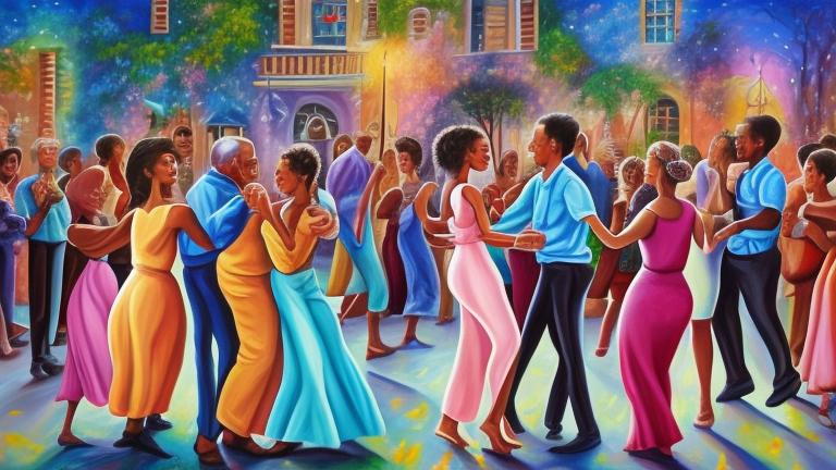 Prompt: Magic realism painting of a mixed race community of all ages and abilities enjoying a New Years Eve Dance