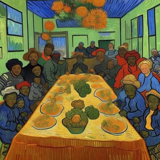 Prompt: Van Gogh style painting of an african  community of all ages and abilities enjoying a harvest festival pot luck feast.