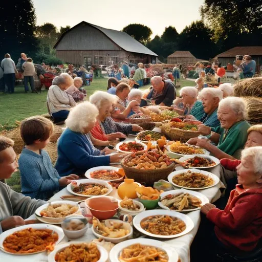 Prompt: Colour 35mm film, 16:9 aspect cinema ratio, wide angle scene of an international  farm village community of all ages and abilities enjoying a harvest festival pot luck feast.