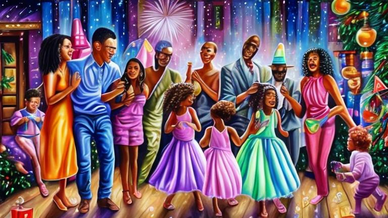 Prompt: Magic realism painting of a mixed race community of all ages and abilities enjoying a New Years Eve Party