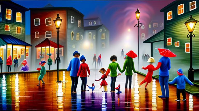 Prompt: Magic realism painting of a mixed race community of all ages and abilities enjoying a foggy, damp New Years Eve Party in Halifax, Nova Scotia