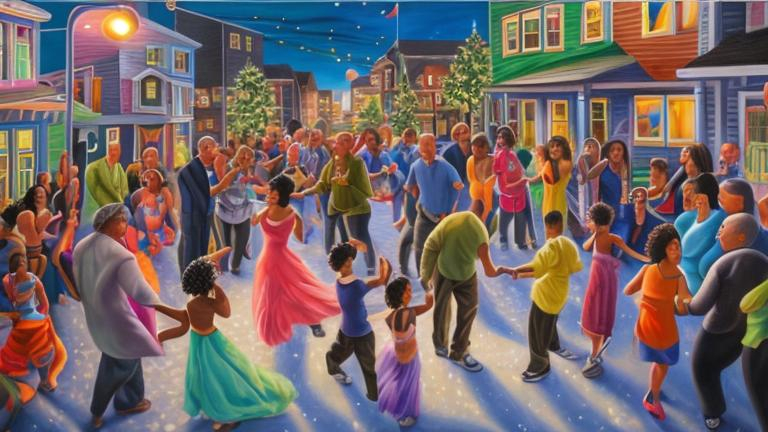 Prompt: Magic realism painting of a mixed race community of all ages and abilities enjoying a New Years Eve Party in Halifax, Nova Scotia