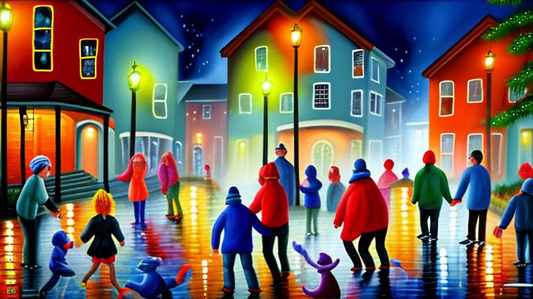 Prompt: Magic realism painting of a mixed race community of all ages and abilities enjoying a foggy, damp New Years Eve Party in Halifax, Nova Scotia