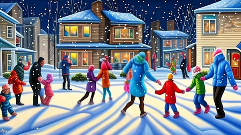 Prompt: Magic realism painting of a mixed race community of all ages and abilities enjoying a wintery, snowy New Years Eve Party in Halifax, Nova Scotia