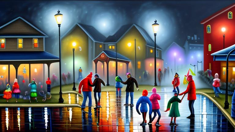 Prompt: Magic realism painting of a mixed race community of all ages and abilities enjoying a foggy, damp New Years Eve Party in Halifax, Nova Scotia