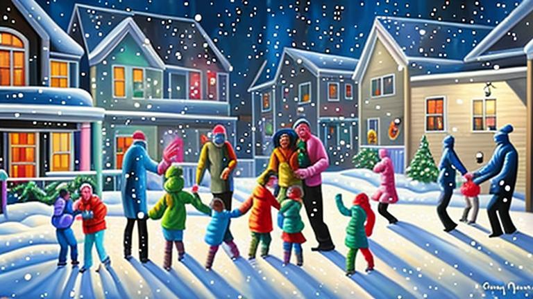 Prompt: Magic realism painting of a mixed race community of all ages and abilities enjoying a wintery, snowy New Years Eve Party in Halifax, Nova Scotia