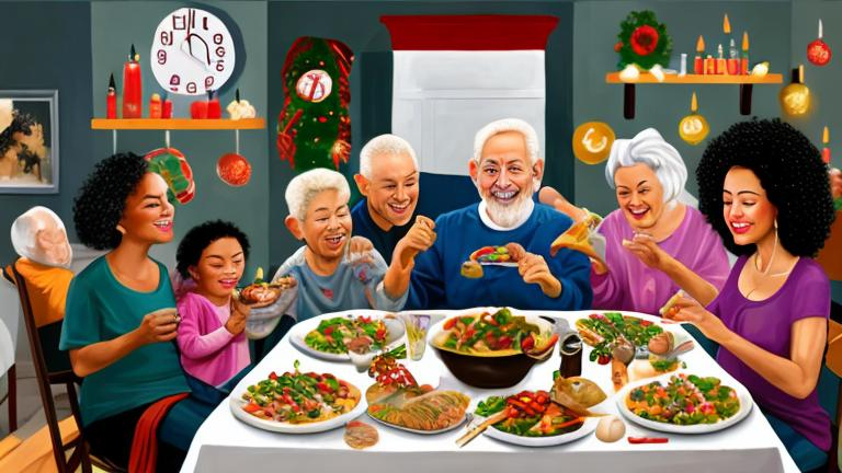Prompt: Painting of a mixed race community of all ages and abilities enjoying a New Years Eve feast.