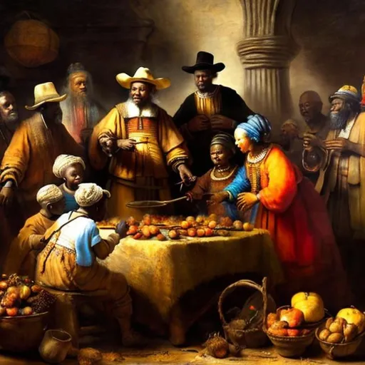 Prompt: Rembrandt style painting of an african  community of all ages and abilities enjoying a harvest festival pot luck feast.