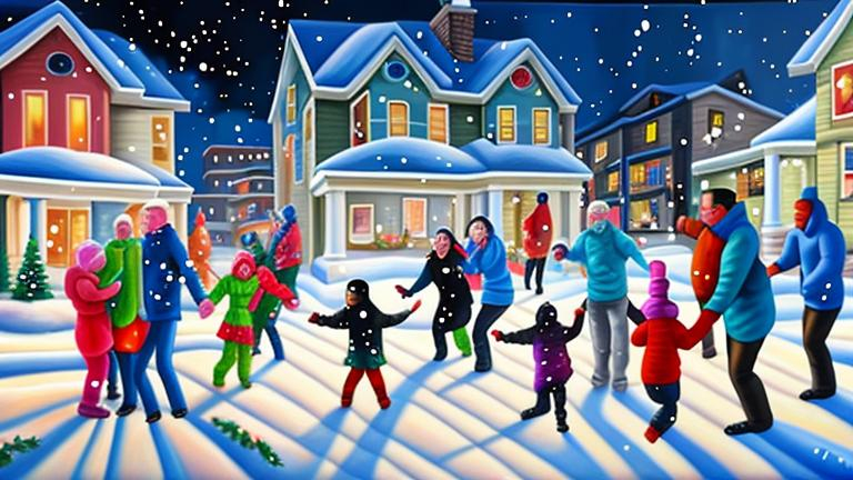 Prompt: Magic realism painting of a mixed race community of all ages and abilities enjoying a wintery, snowy New Years Eve Party in Halifax, Nova Scotia