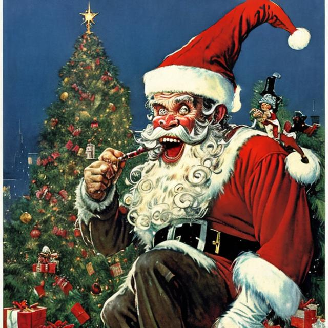 Prompt: Norman Rockwell painting of King Kong dressed as Santa smoking a pipe and laughing as he climbs a giant Christmas Tree.