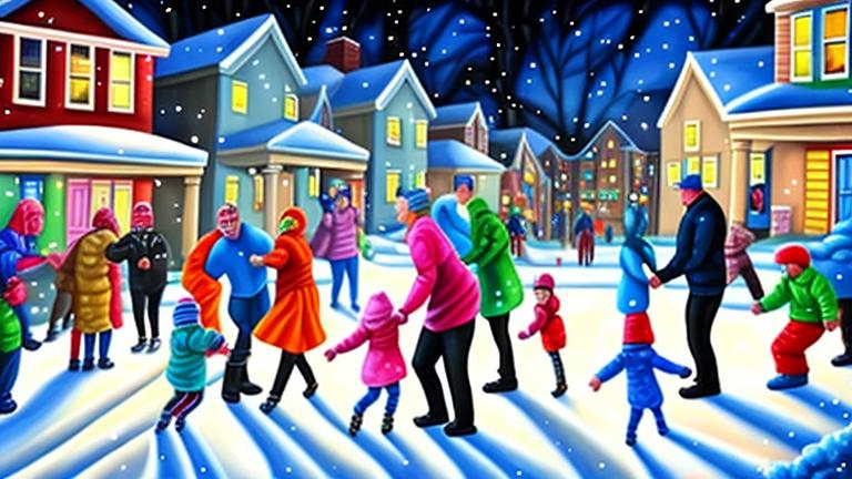 Prompt: Magic realism painting of a mixed race community of all ages and abilities enjoying a wintery, snowy New Years Eve Party in Halifax, Nova Scotia