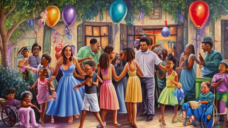 Prompt: Magic realism painting of a mixed race community of all ages and abilities enjoying a New Years Eve Party