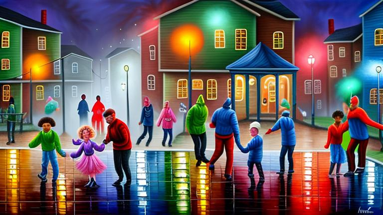 Prompt: Magic realism painting of a mixed race community of all ages and abilities enjoying a foggy, damp New Years Eve Party in Halifax, Nova Scotia