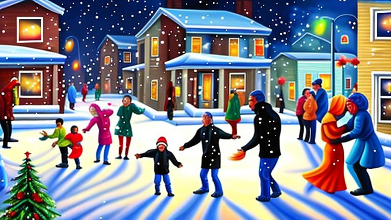 Prompt: Magic realism painting of a mixed race community of all ages and abilities enjoying a wintery, snowy New Years Eve Party in Halifax, Nova Scotia