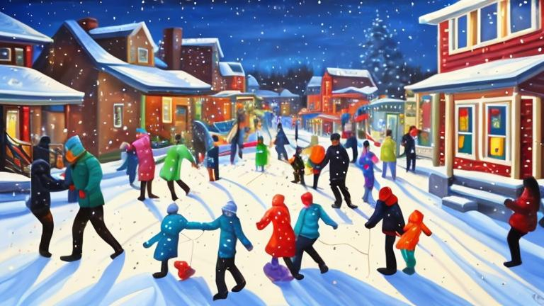 Prompt: Magic realism painting of a mixed race community of all ages and abilities enjoying a wintery, snowy New Years Eve Party in Halifax, Nova Scotia